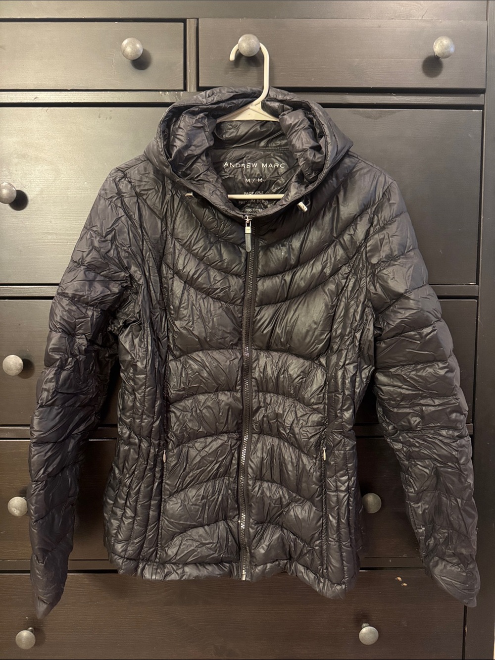 Andrew Marc Women's Quilted Black Hooded Packable Puffer Jacket